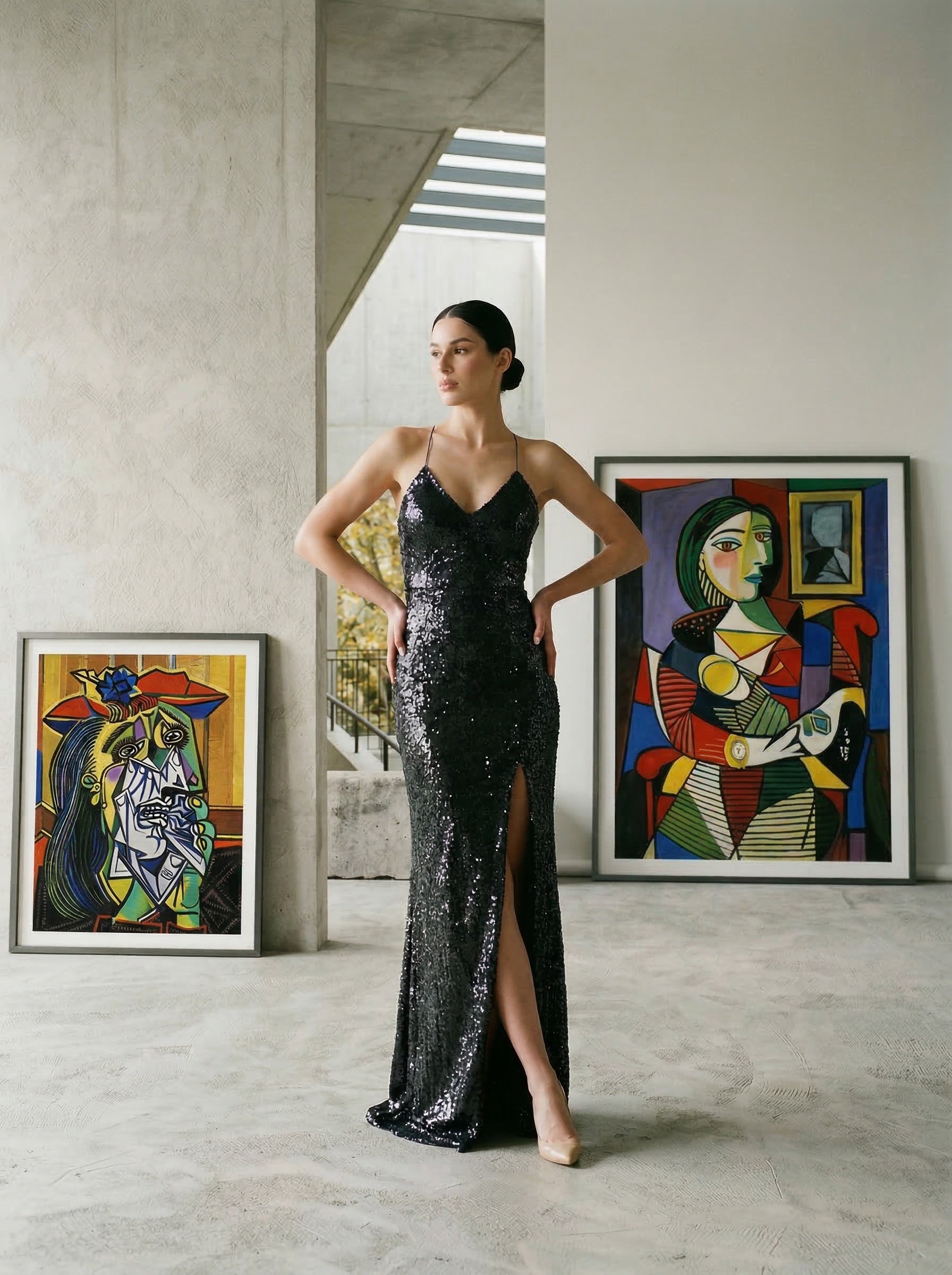 A woman poses in a black sequin dress against modern artwork.