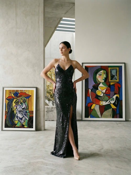 A woman poses in a black sequin dress against modern artwork.