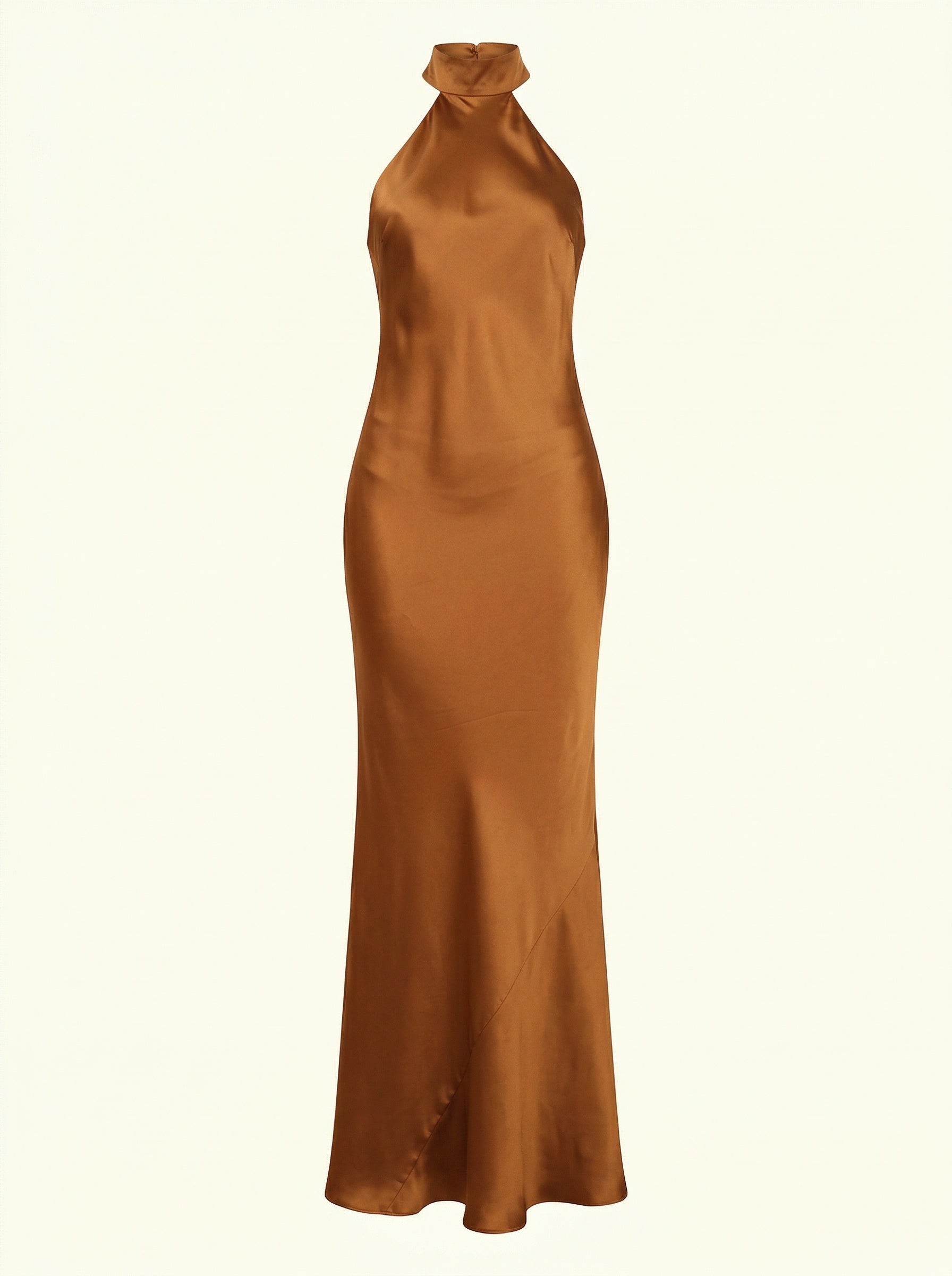 Gold satin halter neck gown on a white background