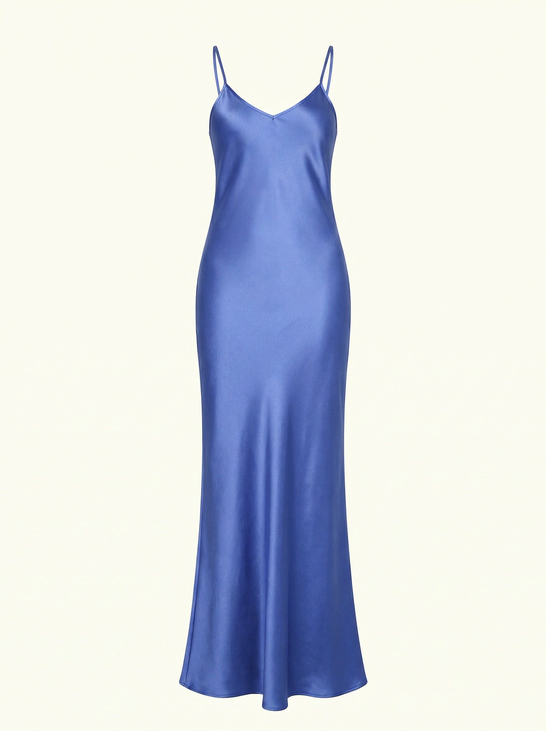 Blue satin slip dress on a white background