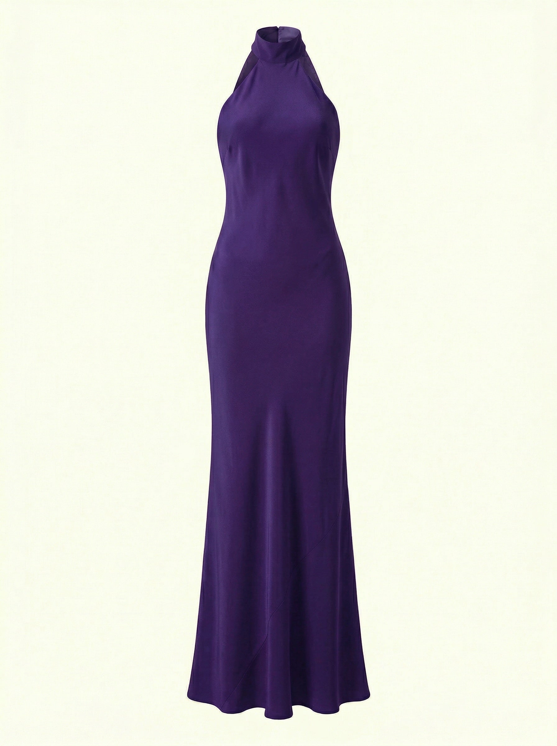 Purple halter neck gown on a white background