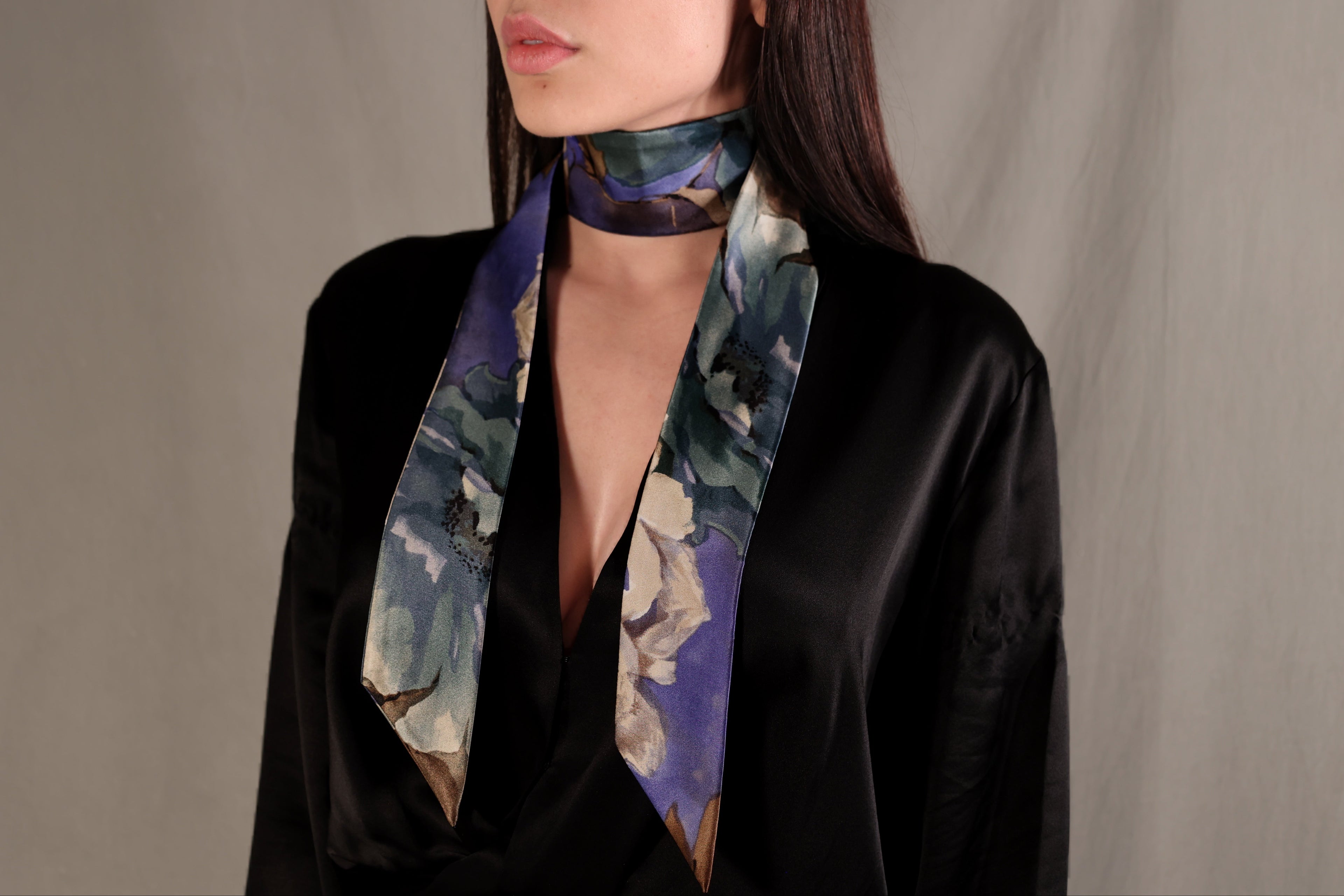 Midnight bloom skinny silk scarf