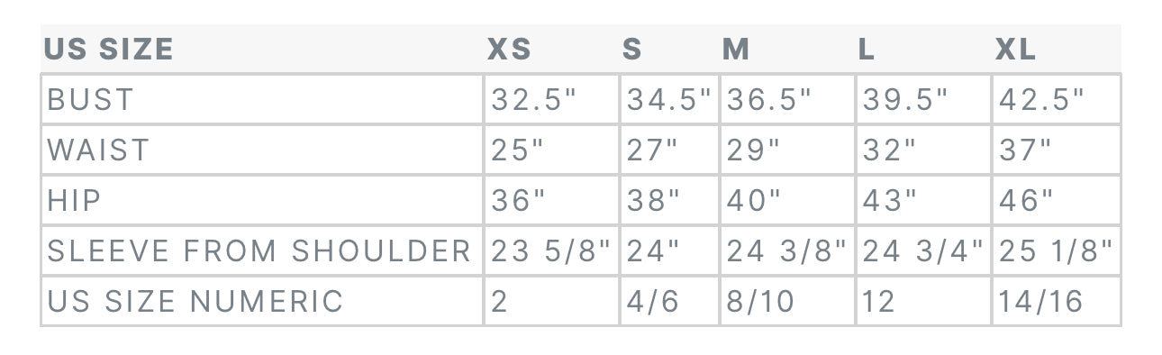 Size chart for clothing with measurements in inches and US size numerics.