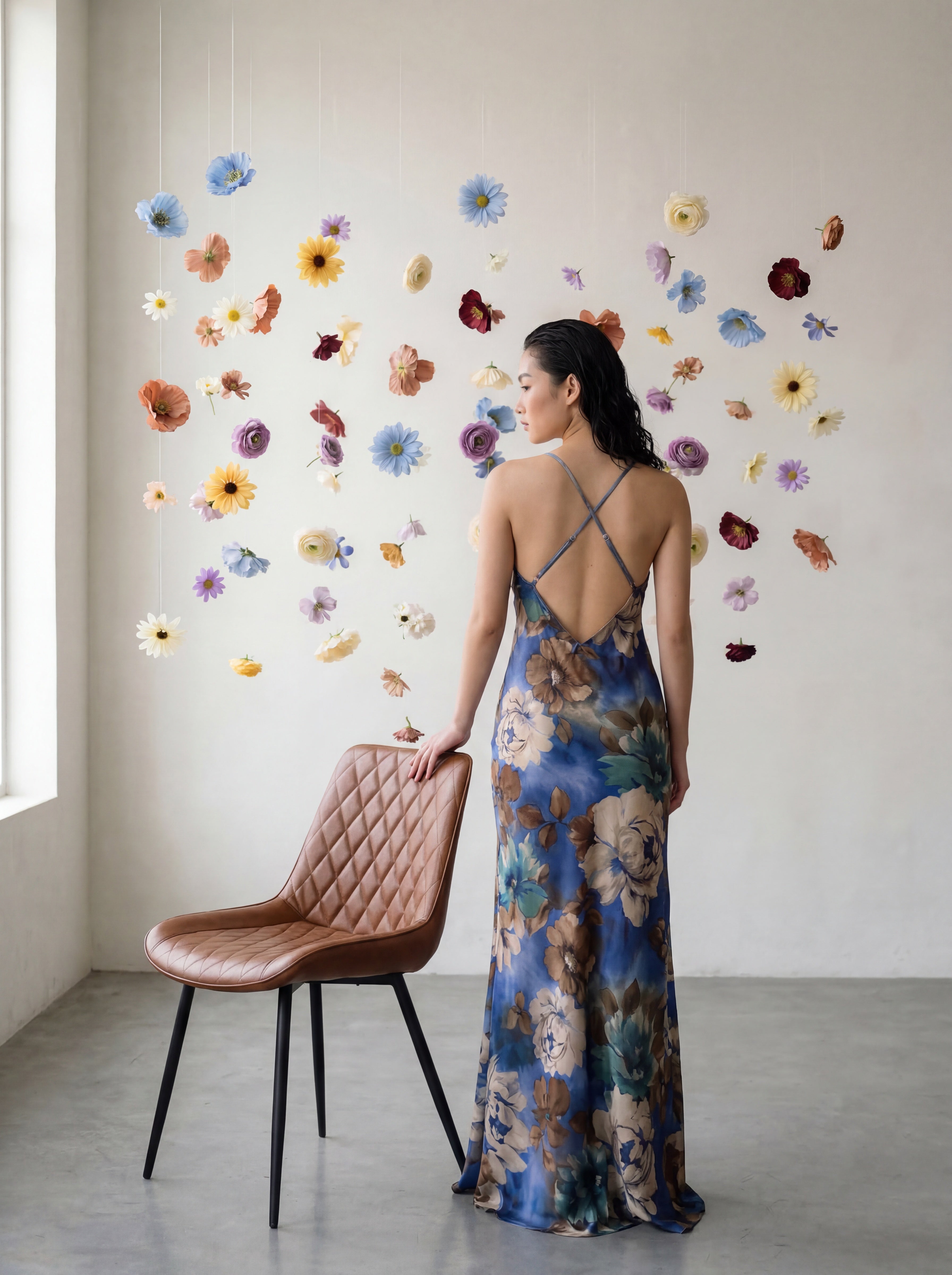 Asian woman wearing a bias‑cut slip‑style gown with a fluid, body‑skimming drape, slender adjustable straps, and a minimalist skinny scarf. The dress is unlined for a weightless feel. Model is 176 cm (5’9”) and wearing a size 2.
