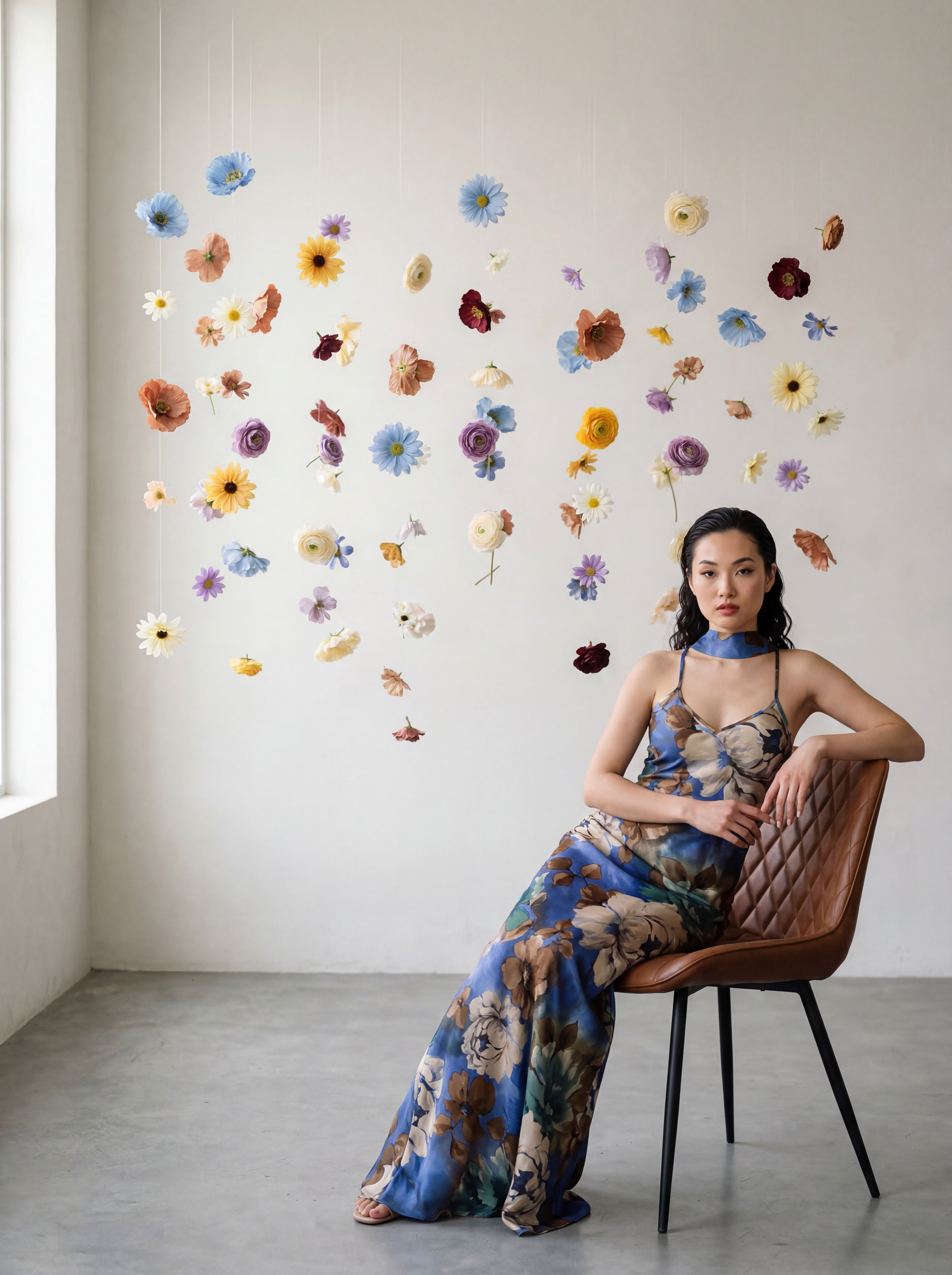 Asian woman seated in a leather chaire wearing a bias‑cut slip‑style gown with a fluid, body‑skimming drape, slender adjustable straps, and a minimalist skinny scarf. The dress is unlined for a weightless feel. Model is 176 cm (5’9”) and wearing a size 2.