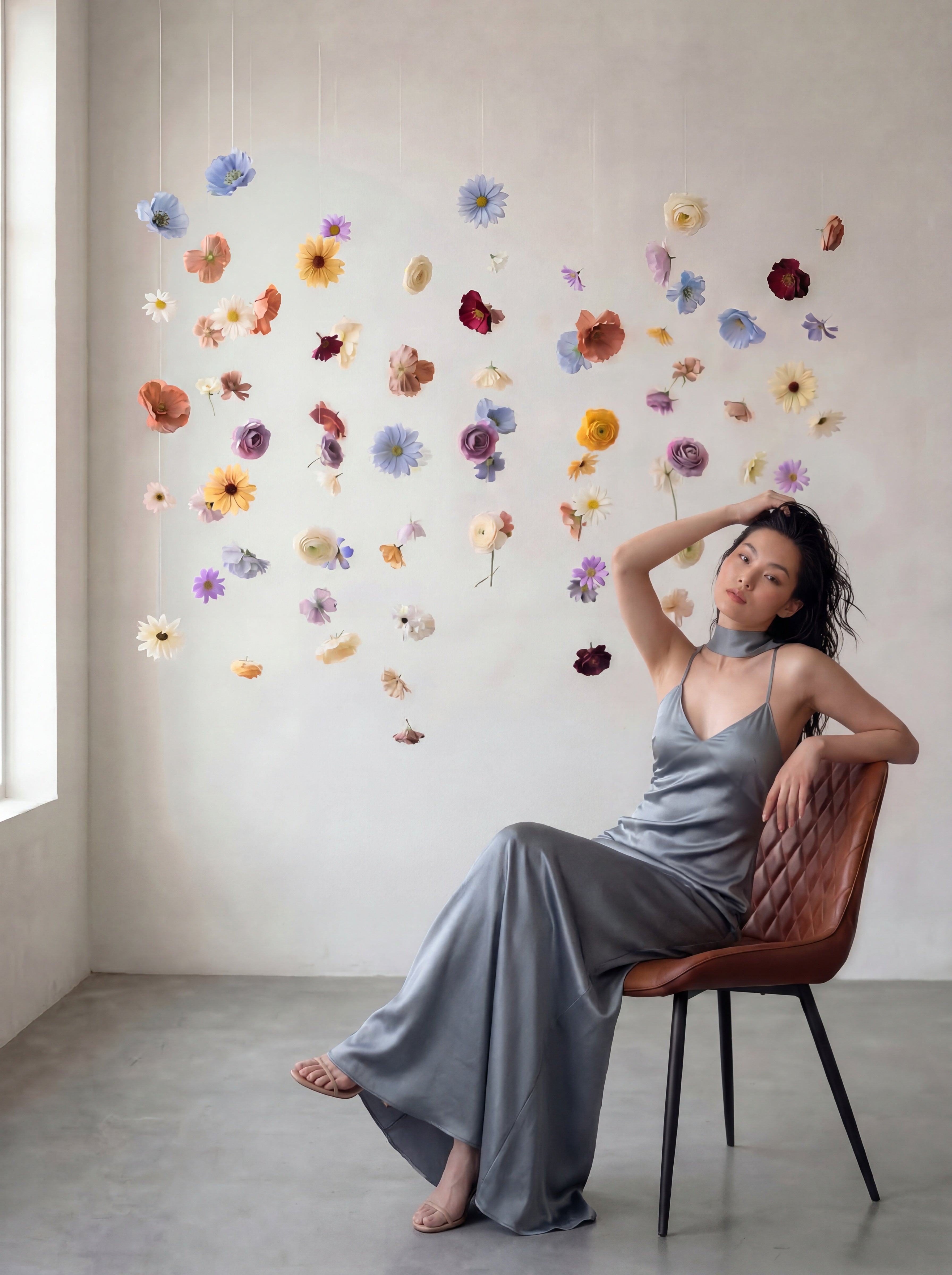 Woman in a blue grey silk dress sitting on a chair with colorful floral decorations on the wall.
