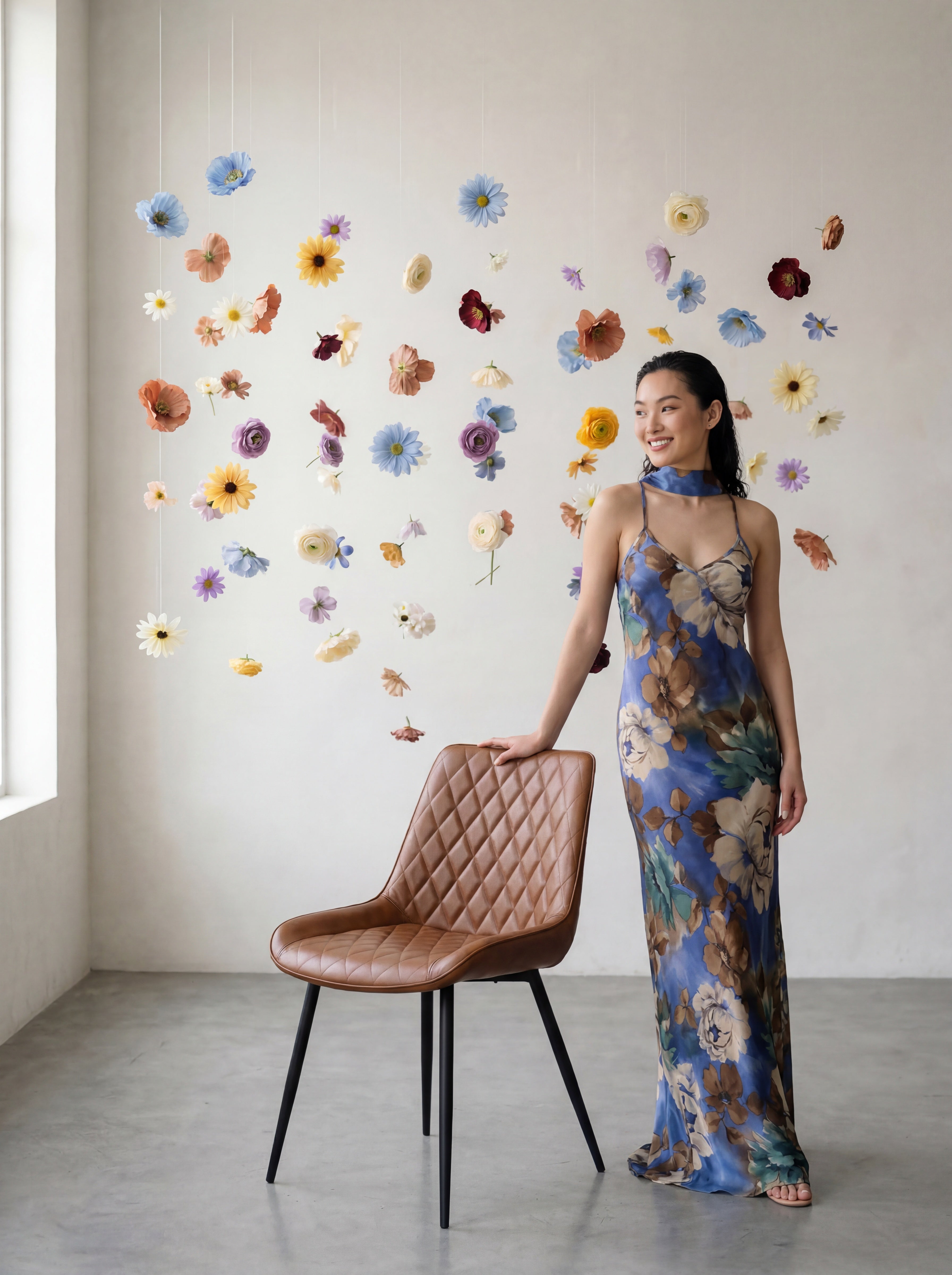 Woman in a blue floral dress standing next to a chair with decorative flower wall art in the background.