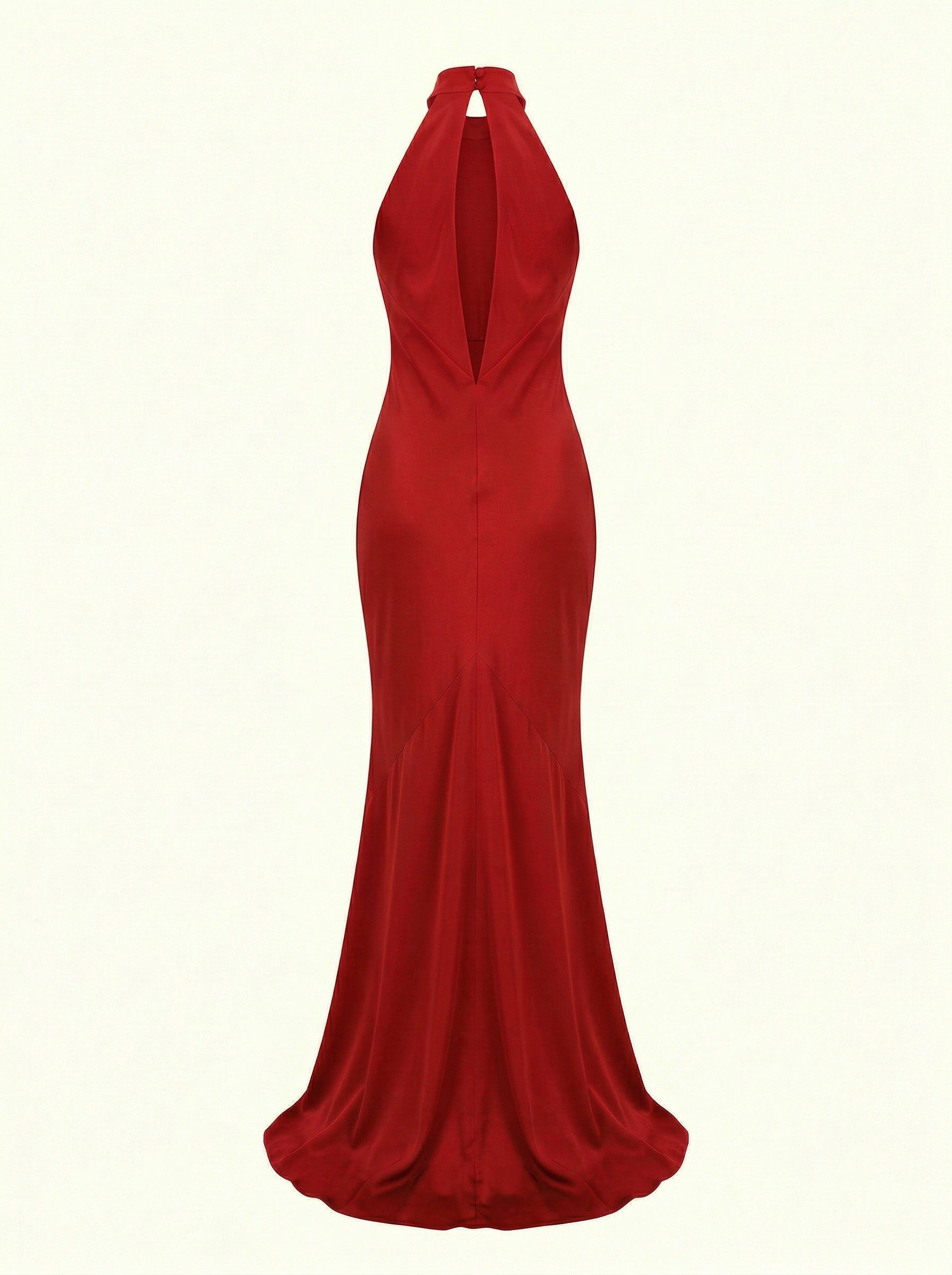 Red halter chocker neck evening gown on a white background