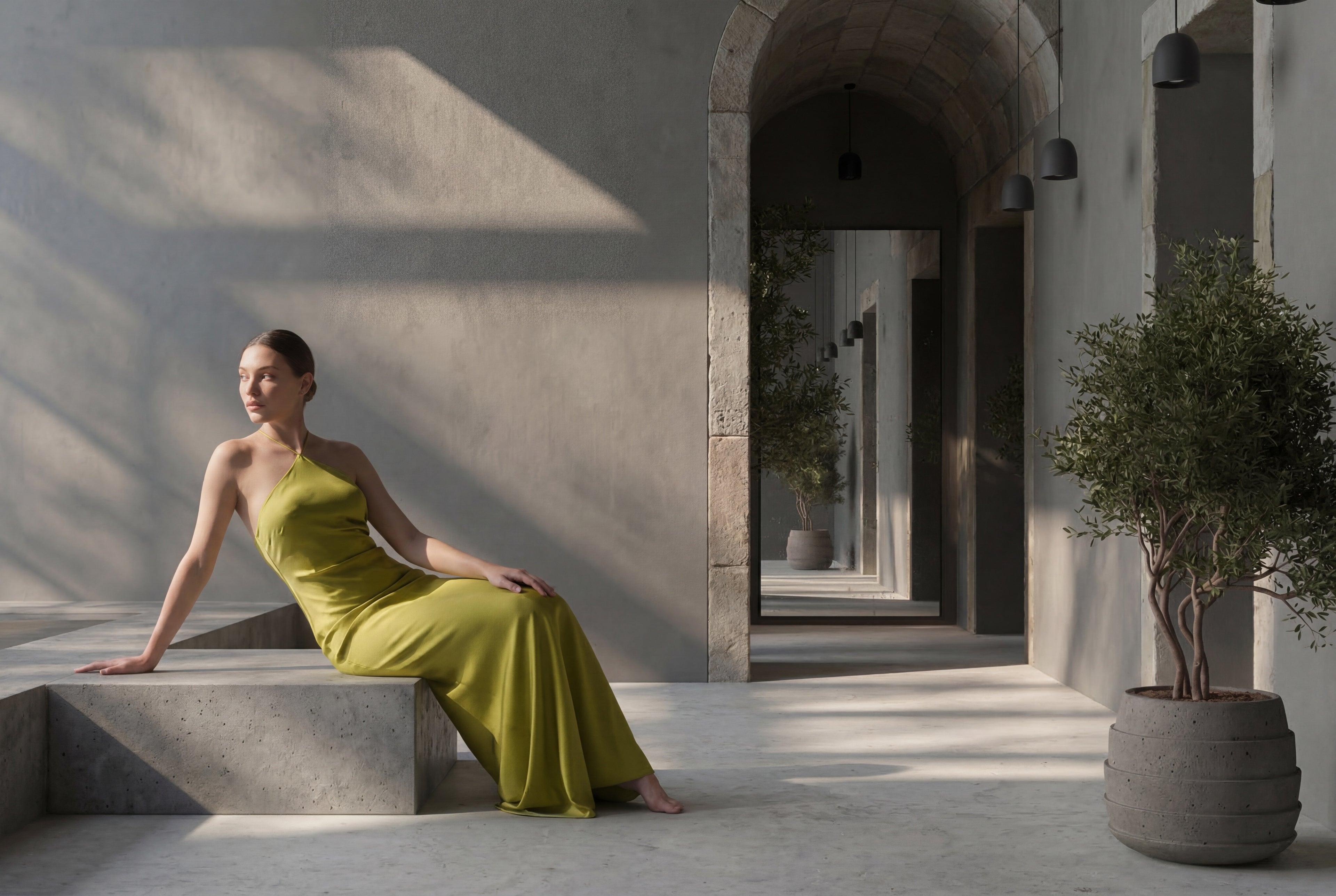 Woman in a green dress sitting on a stone bench in a sunlit hallway.