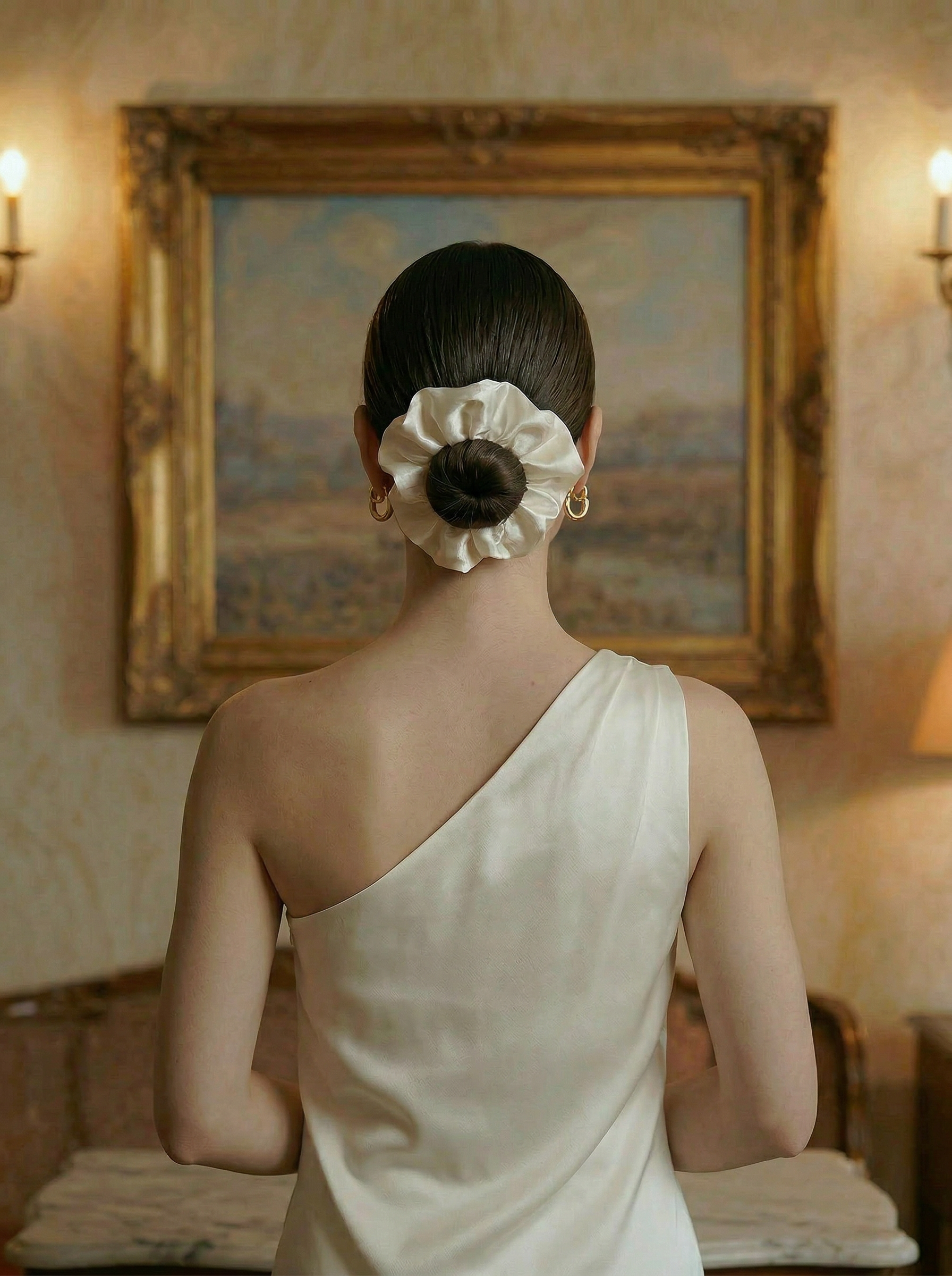 Woman in a white dress with a decorative ivory silk scrunchie in a room with a painting on the wall.