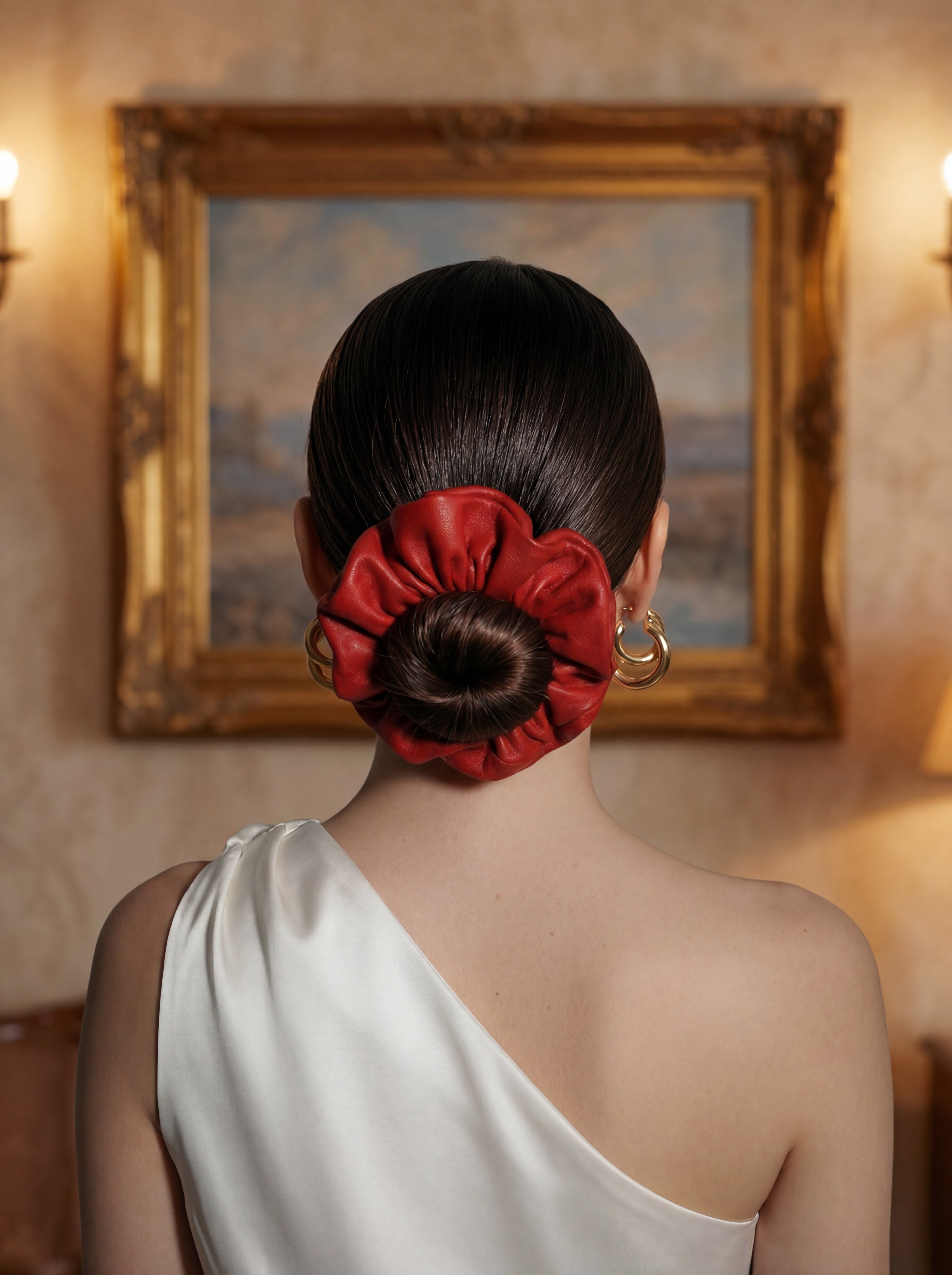 Person with a red leather scrunchie in their hair, standing in front of a framed painting.
