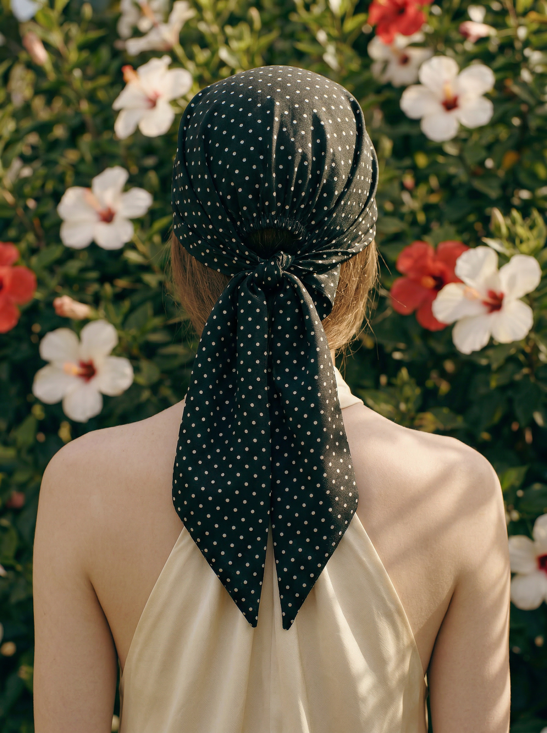Person wearing a black polka dot headscarf with flowers in the background