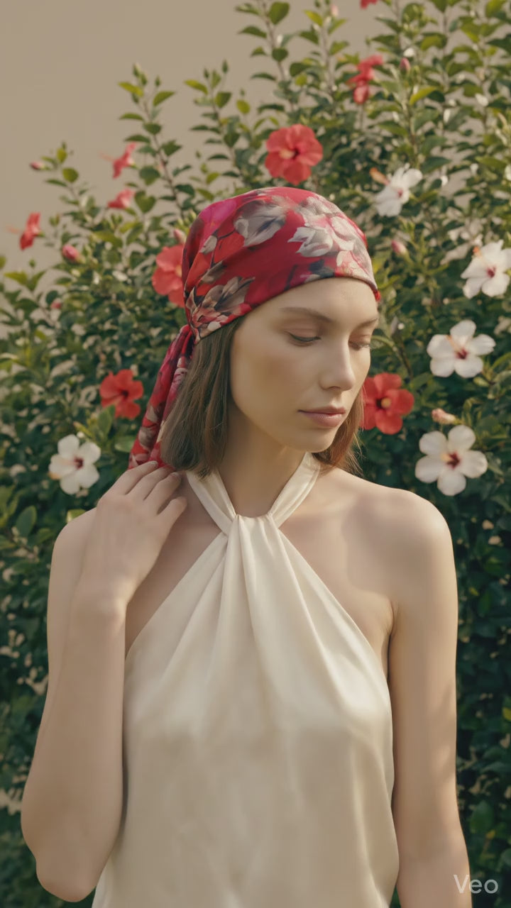 a women showcasing a red flora bandana hat