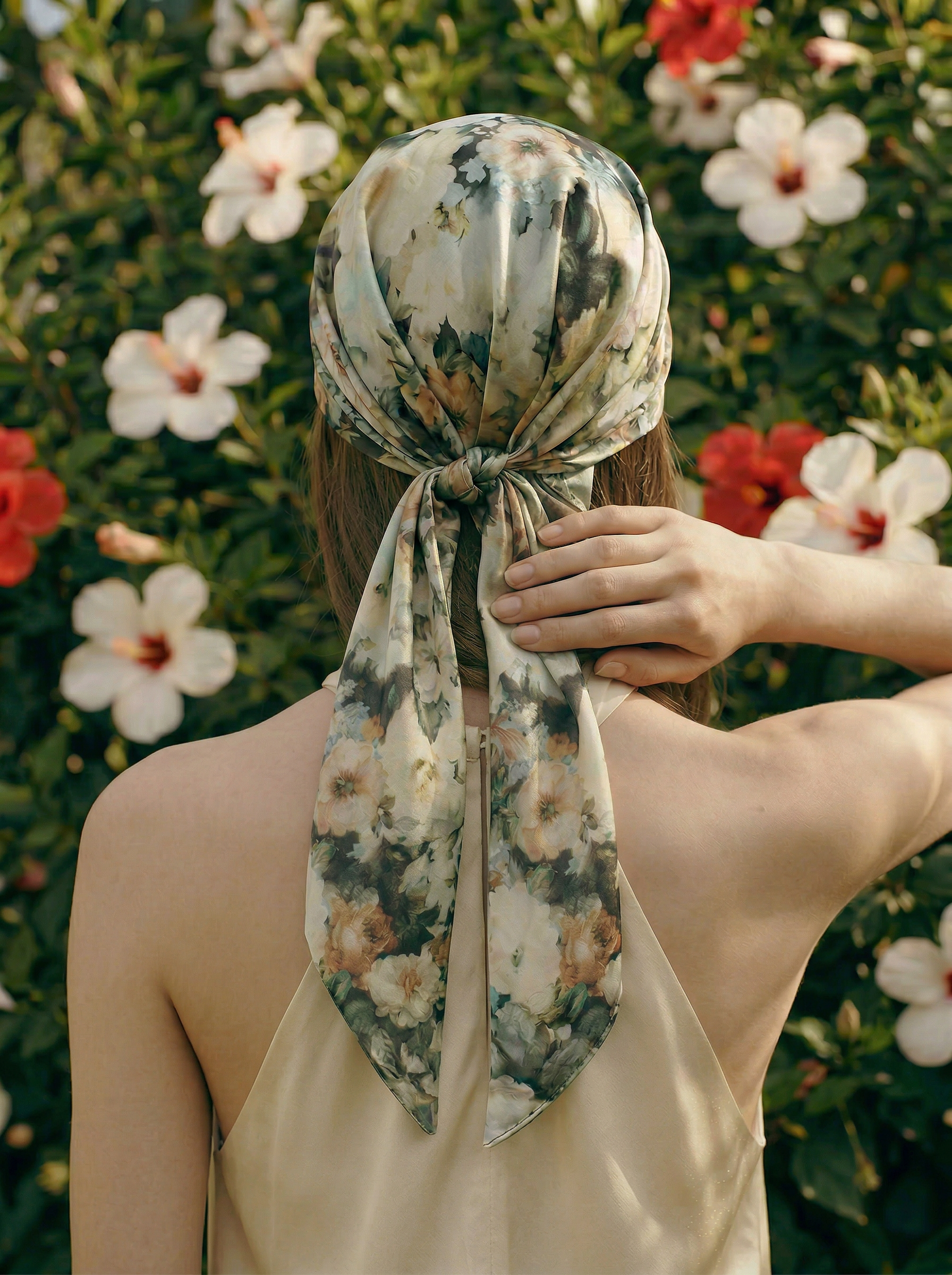 Woman wearing a sage floral headscarf with a garden background