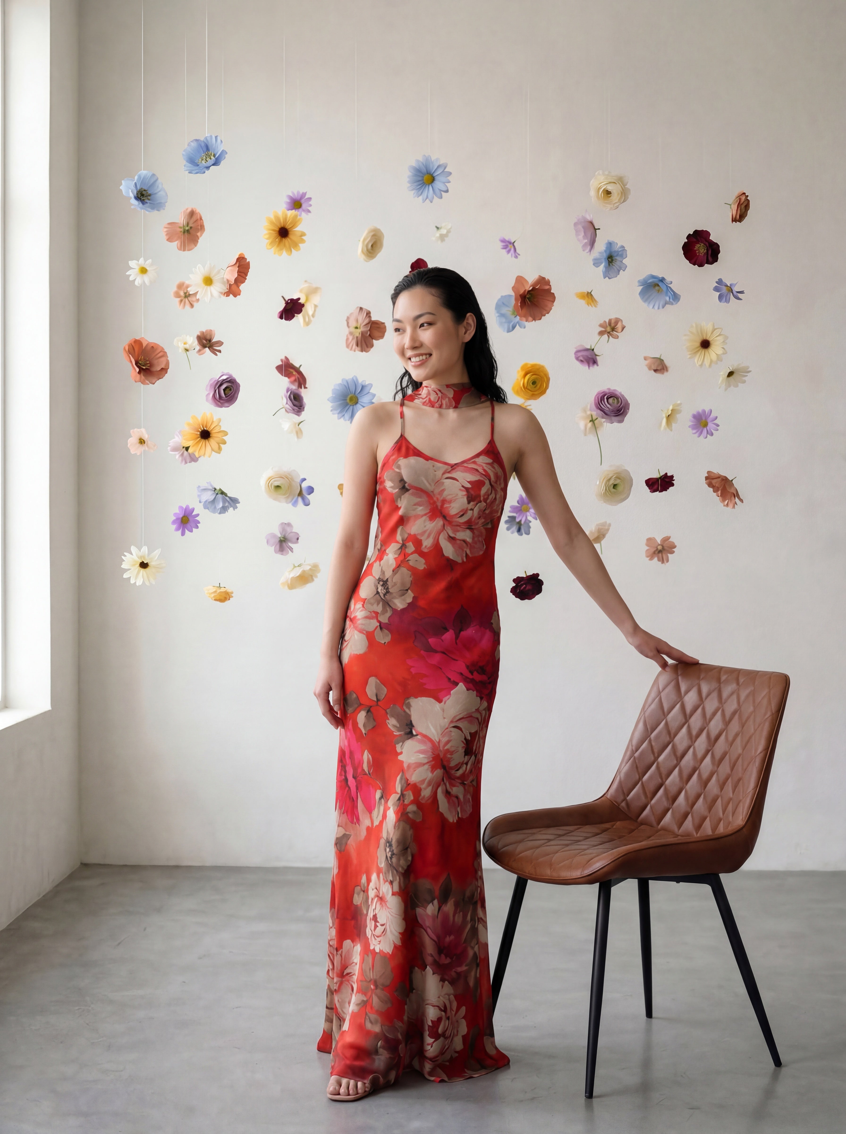 Woman in a red floral dress standing next to a brown chair with colorful flower decorations on the wall.