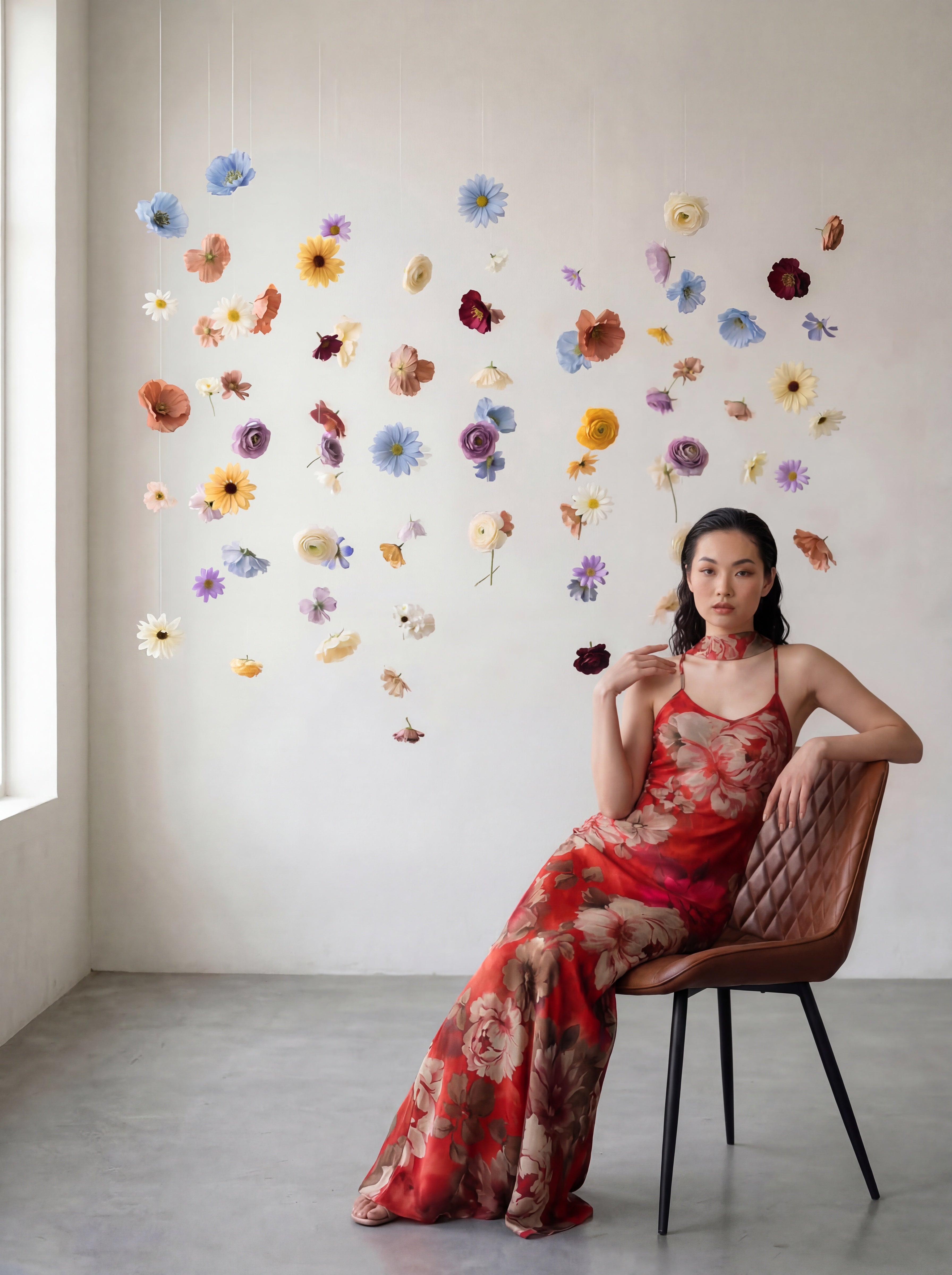 Woman in a red floral silk dress sitting on a chair with decorative flowers on the wall.