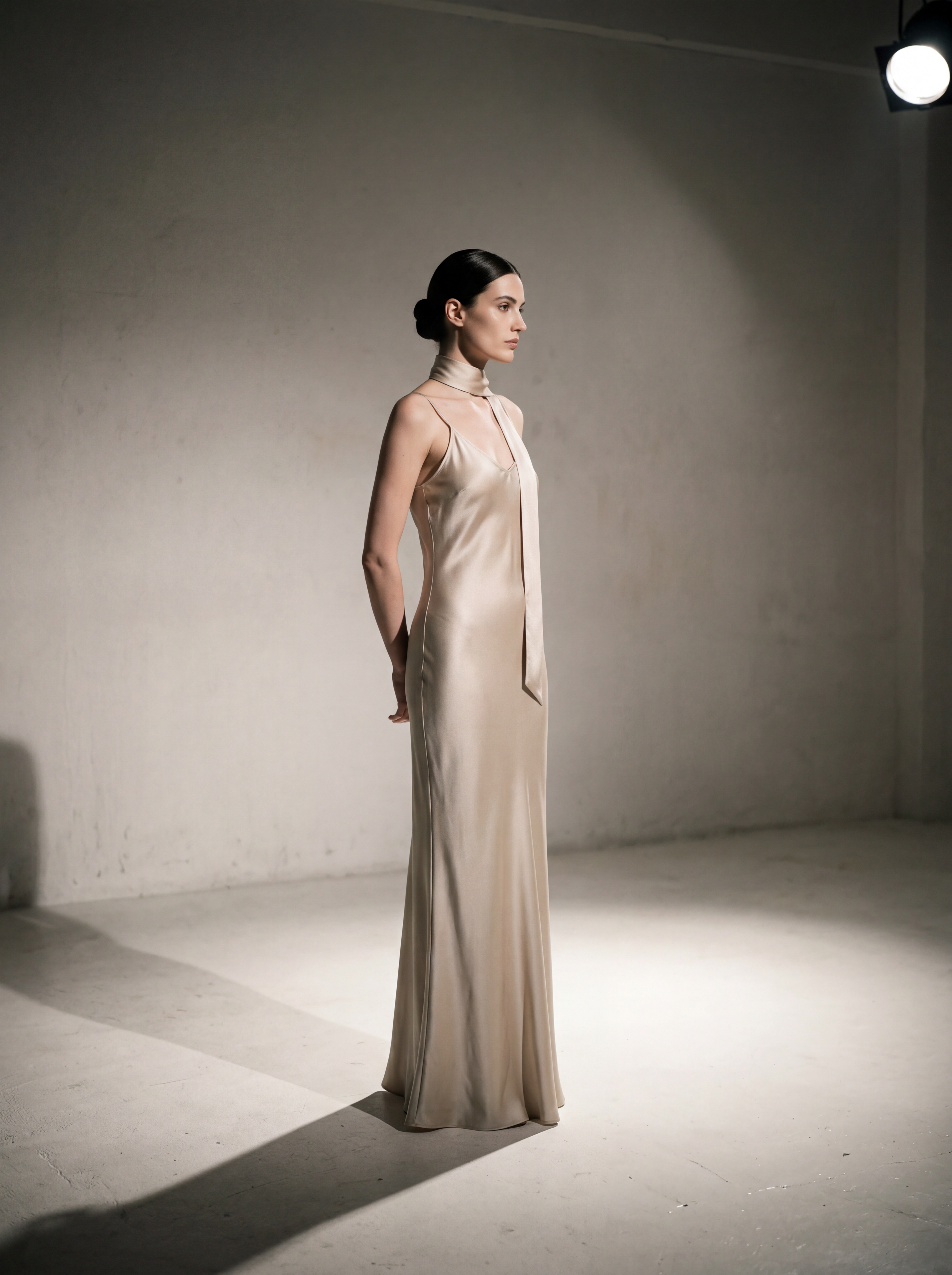 Woman in a beige evening gown standing against a plain wall with a spotlight.