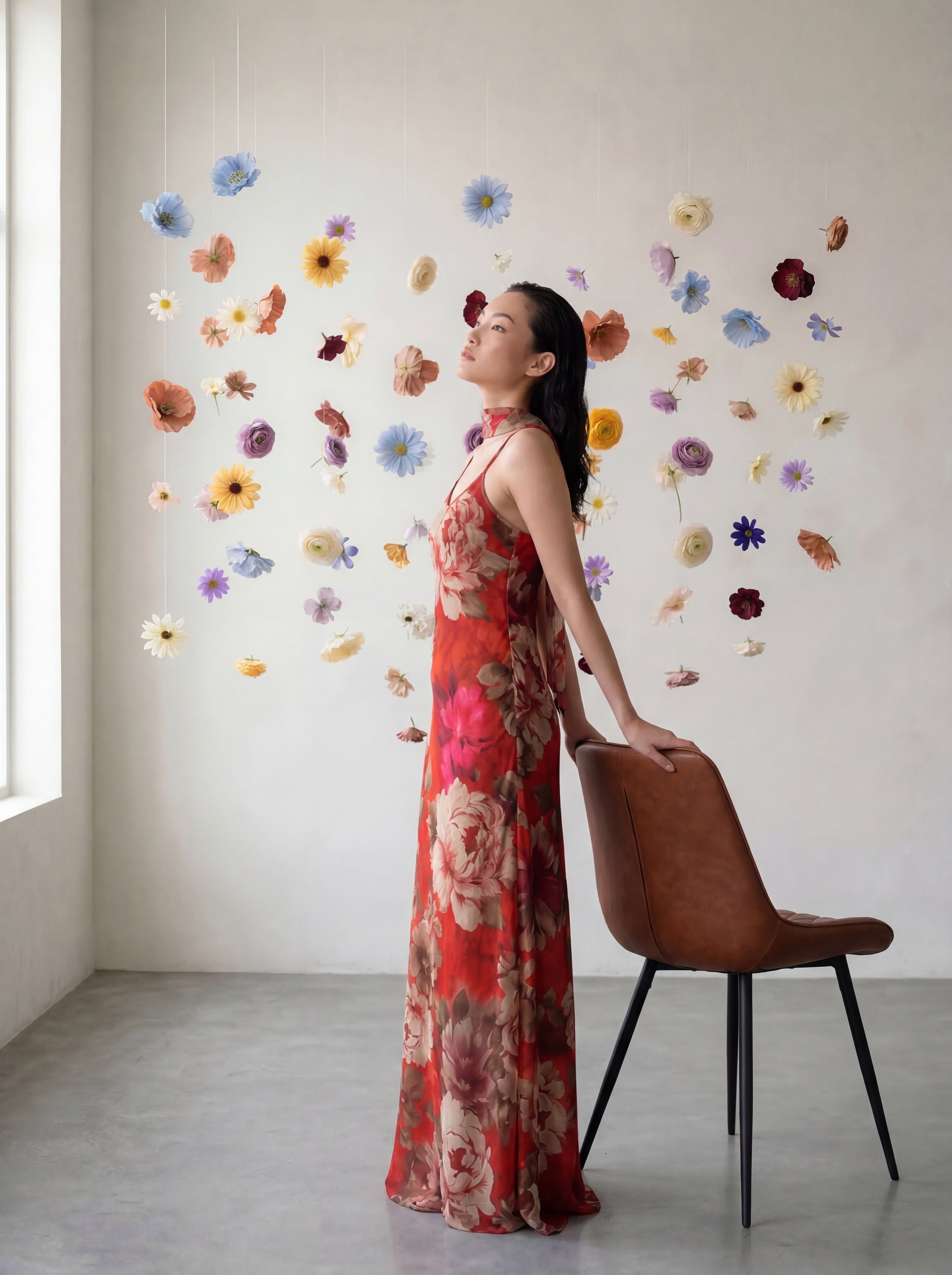 Woman in a Red floral Silk dress standing next to a chair against a wall with colorful flower decals.