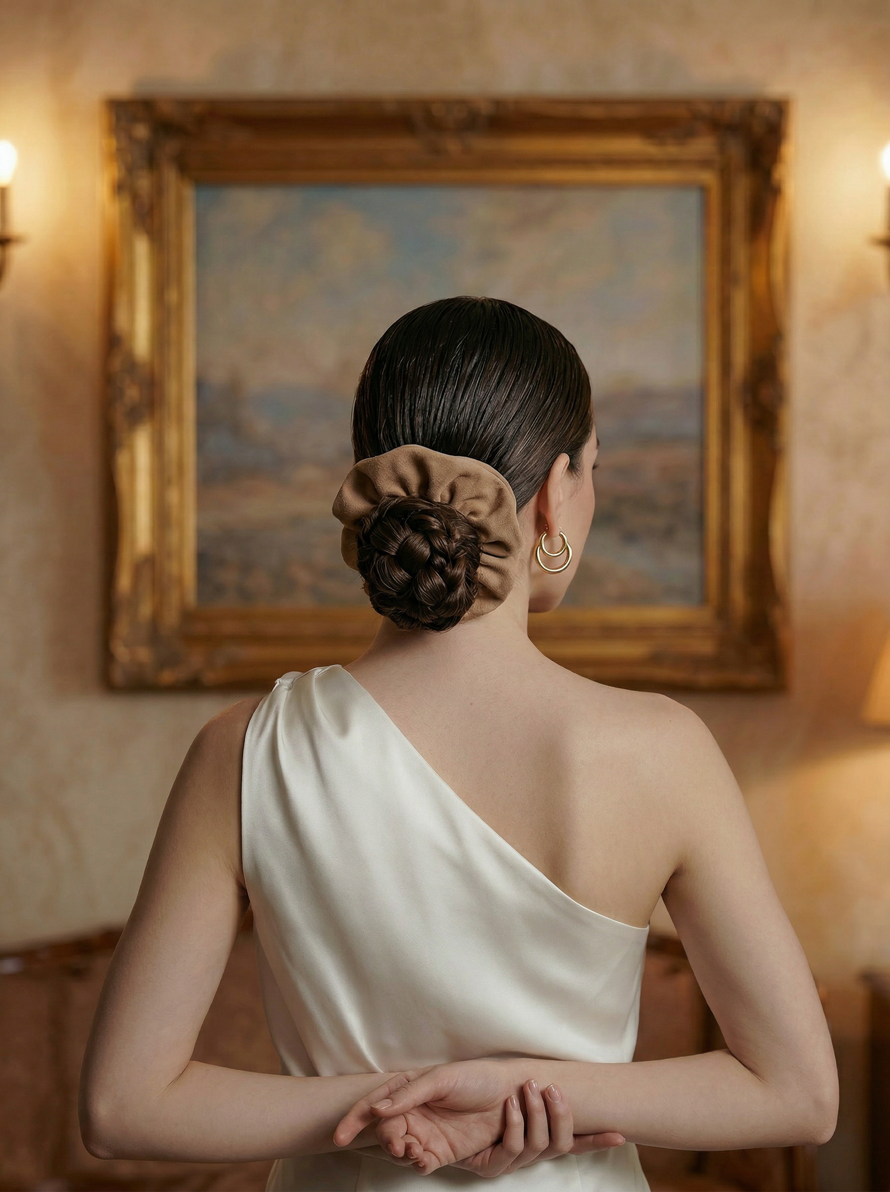Woman with a Tan color suede scrunchie in her hair, wearing a white one-shoulder dress, standing in front of a painting.